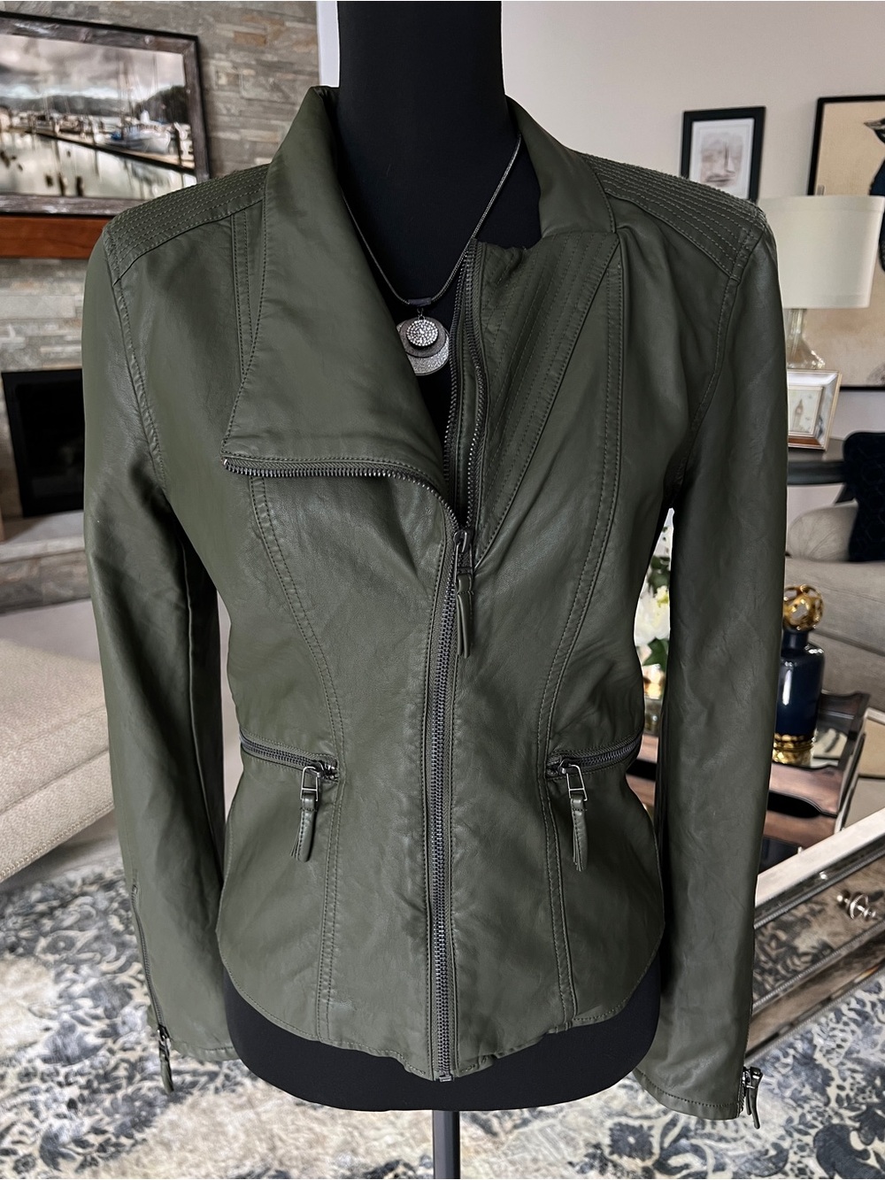 Blank NYC Olive Green Faux Leather Moto Jacket